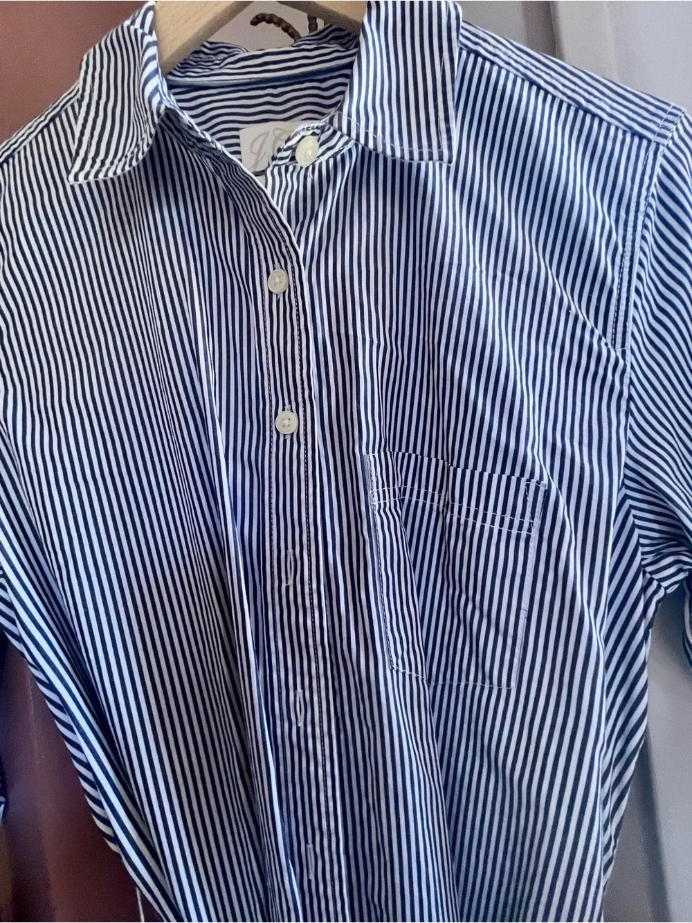 J. Crew Navy and White Striped Button-Down Shirt Dress with Waist Tie, pockets